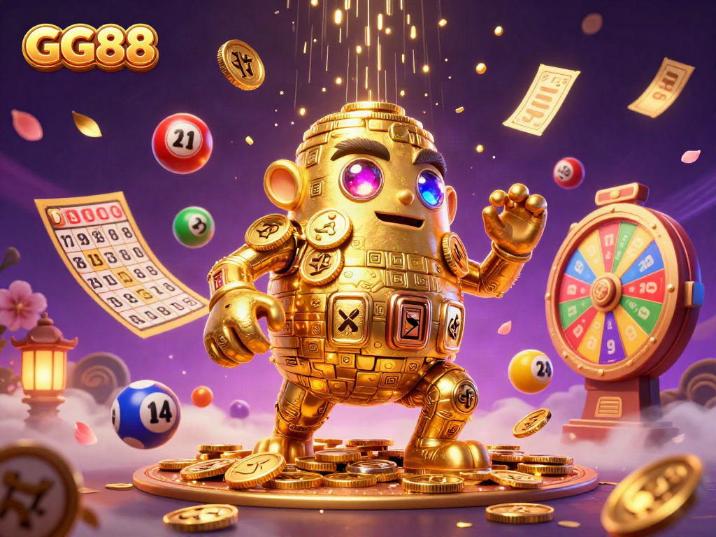 Experience the excitement of GG88 with dynamic casino elements and a golden golem illustration.