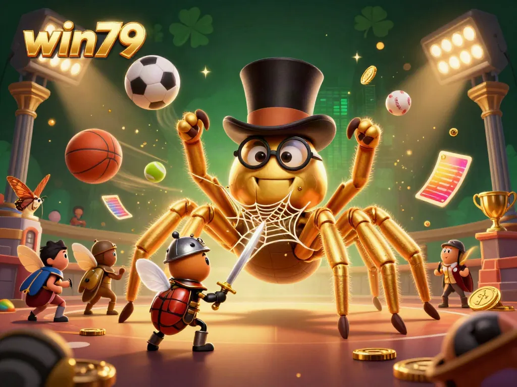 Experience the excitement at win79 with a giant golden tarantula weaving golden threads amidst dynamic casino elements.