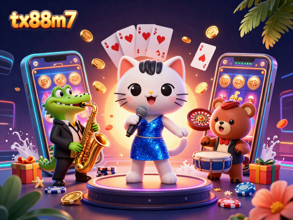 tx88m7 showcases vibrant casino scene with a singing cat, saxophone crocodile, and drum bear.