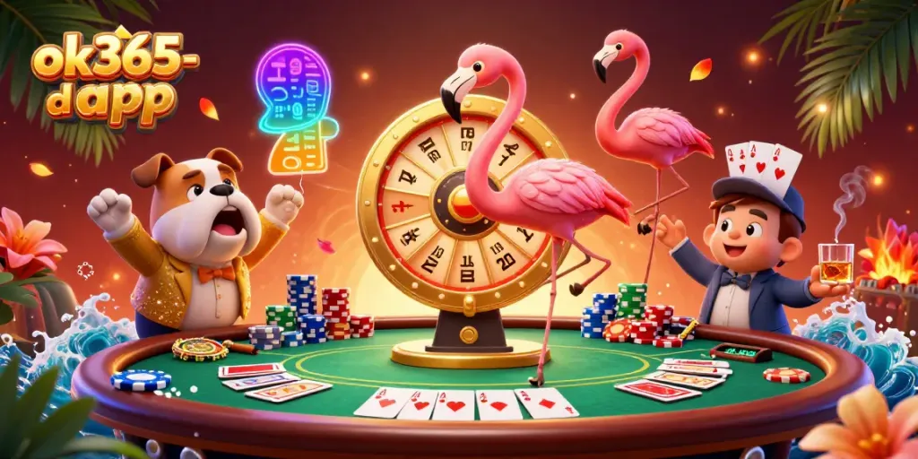 Engaging scene of the ok365-db app with a flamingo host, bulldog contestant, and cat assistant spinning a prize wheel at a poker table.