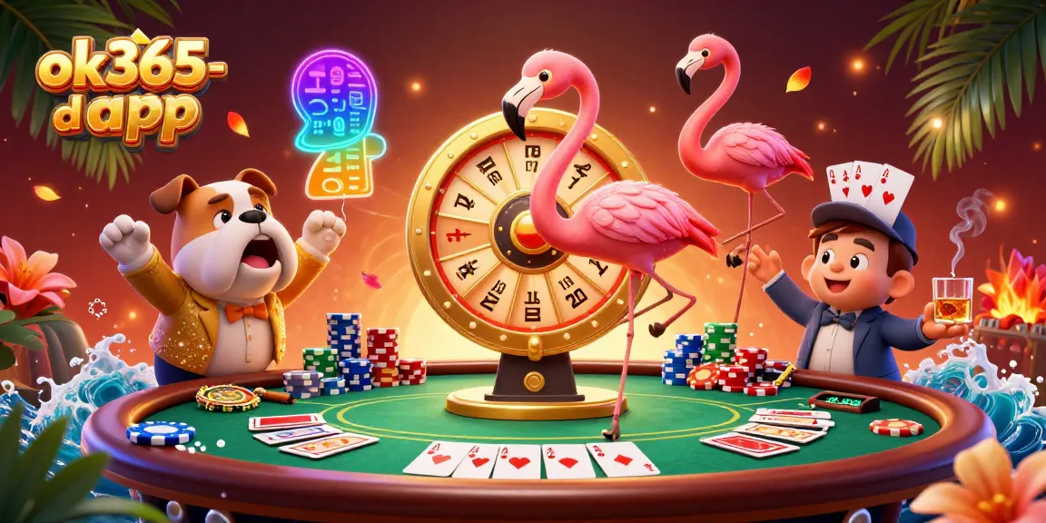 Engaging scene of the ok365-db app with a flamingo host, bulldog contestant, and cat assistant spinning a prize wheel at a poker table.