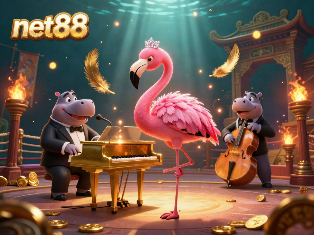 Experience excitement at net88 with a vibrant scene of a flamingo singer and hippo bassist in a dynamic casino setting.