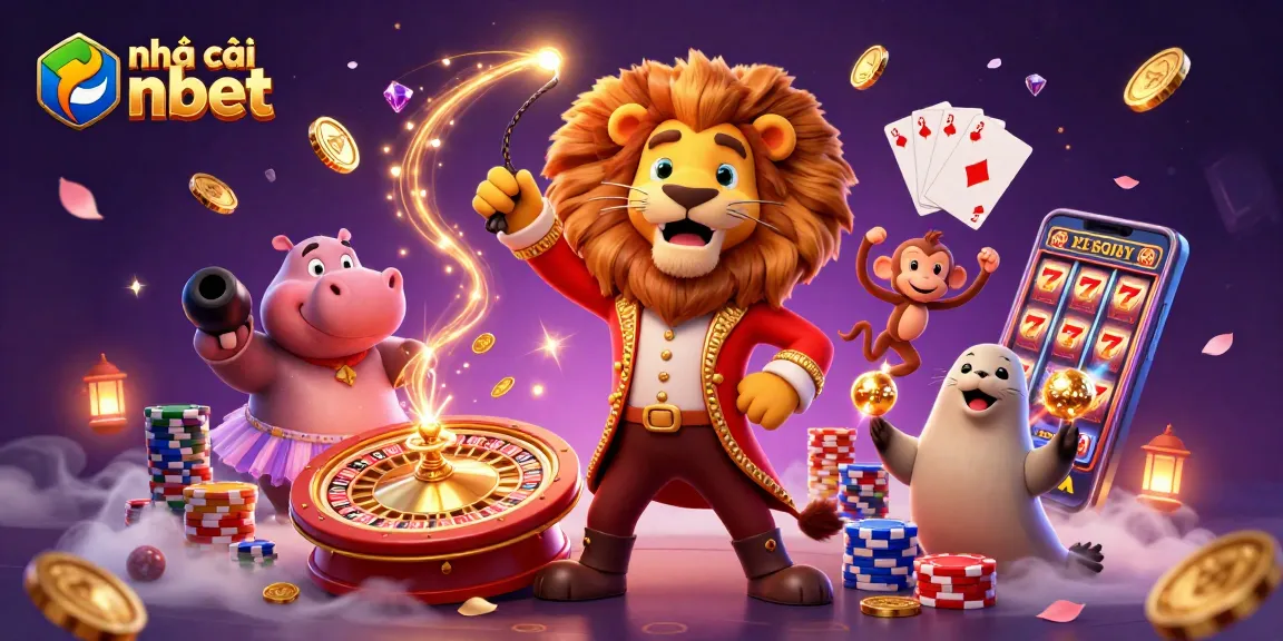 The dynamic 3D illustration showcases nhà cái nbet with lively casino elements, including characters and rich game features.