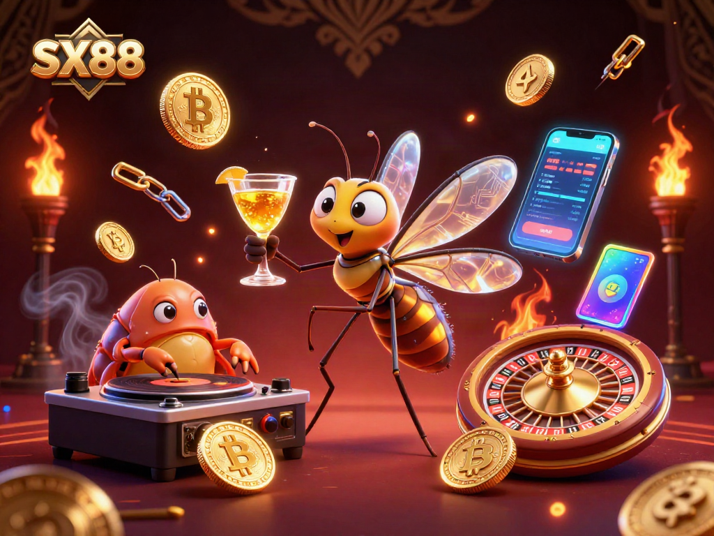 SX88 spins a golden roulette wheel in a vibrant digital casino scene with crypto coins.