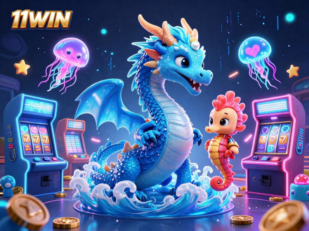 Engage with 11WIN's colorful casino scene featuring a dragon, seahorse knight, and dynamic slot elements.