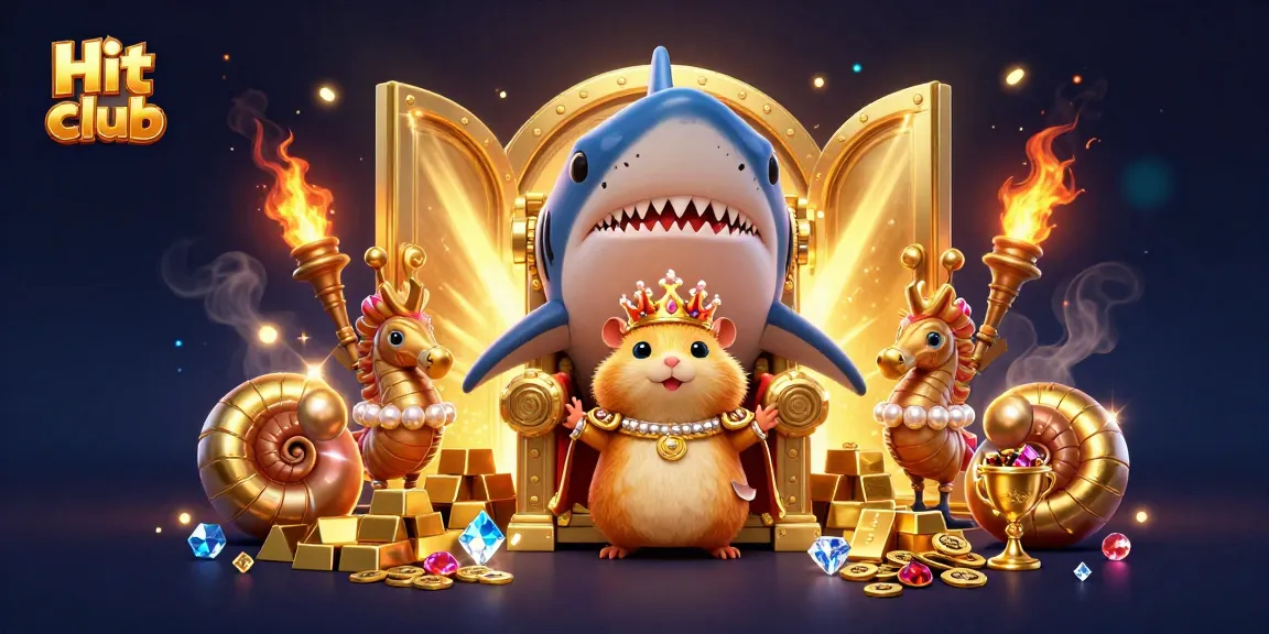 Experience the thrill at Hit club with a golden hamster king ruling over treasures in a vibrant casino scene.