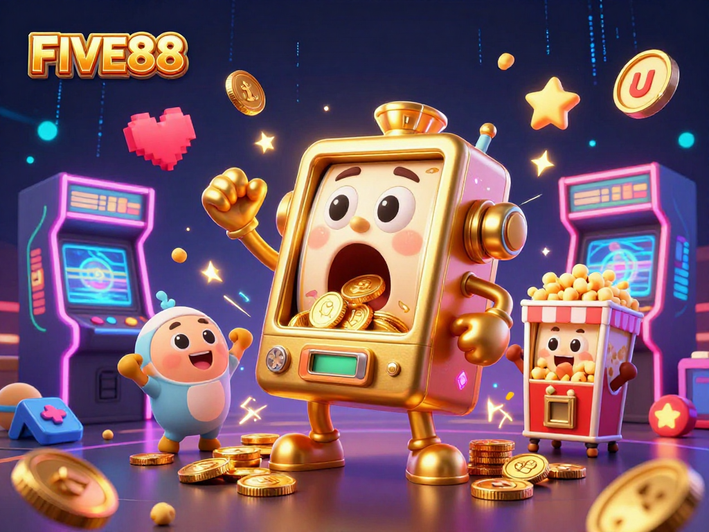Engage with FIVE88's golden slot machine celebrating a jackpot amidst coins and cheering baby slots.