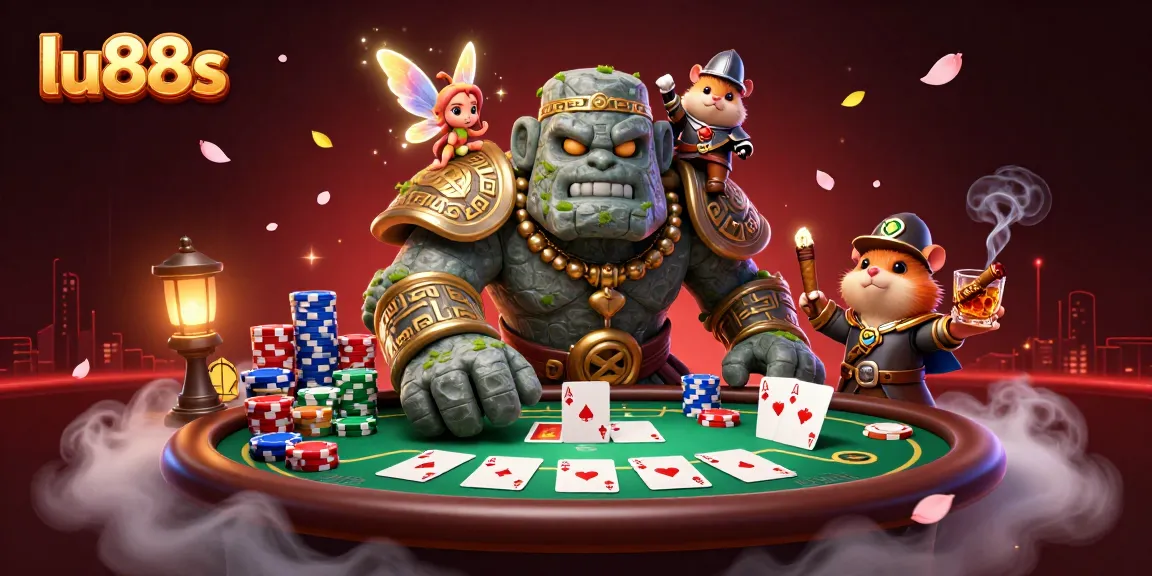 Experience the excitement of lu88s with a magical golem and poker elements in this vibrant 3D scene