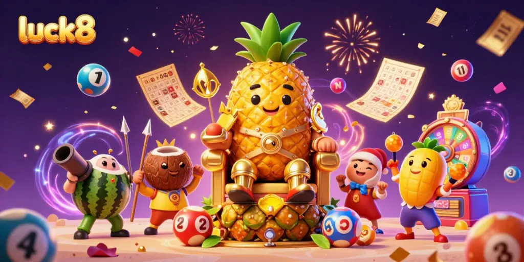 Engaging luck8 casino scene with a golden pineapple king and dynamic game elements showcasing excitement.