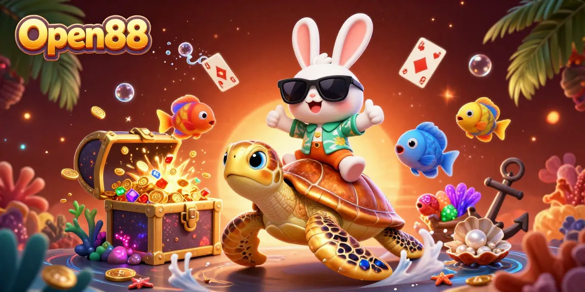 Open88 illustrates exciting underwater treasure adventures with a charming rabbit, perfect for casino gaming enthusiasts.