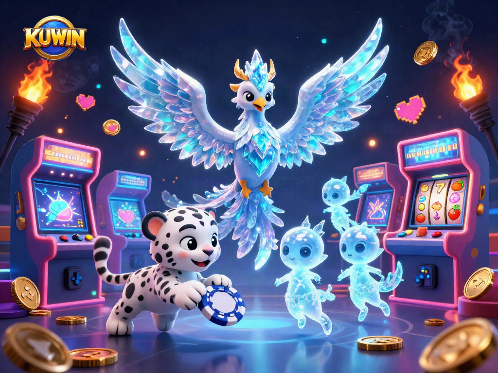 Engage with KUWIN's vibrant realm of casino thrills featuring an ice phoenix, snow leopard, and dynamic game elements.