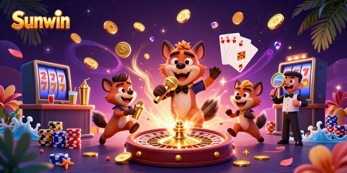 Sunwin's vibrant comedy casino scene with 3D hyenas, golden coins, and lively gaming elements.