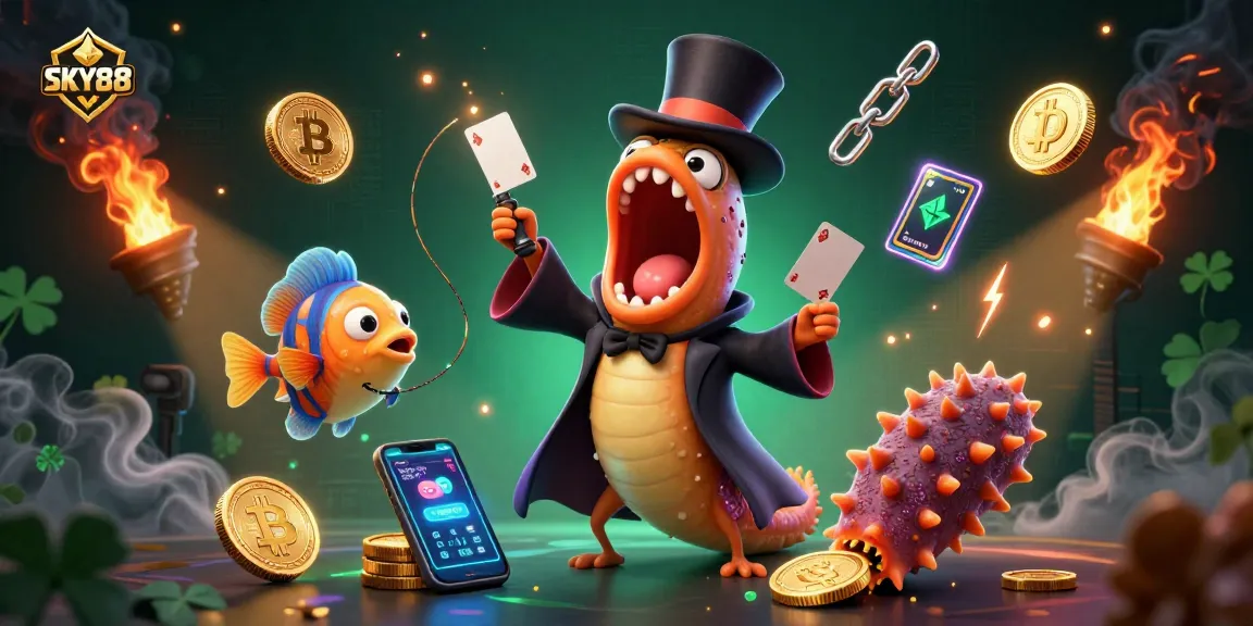 Immerse in the enchanting world of SKY88 where a magical eel performs thrilling card tricks amidst glowing crypto elements and casino treasures.