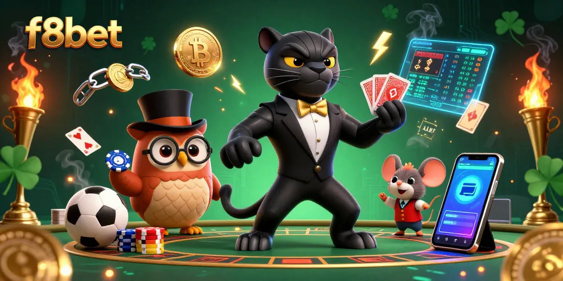Join the excitement with f8bet as the panther dealers cards at a dynamic gambling scene, surrounded by Bitcoin and sports elements.