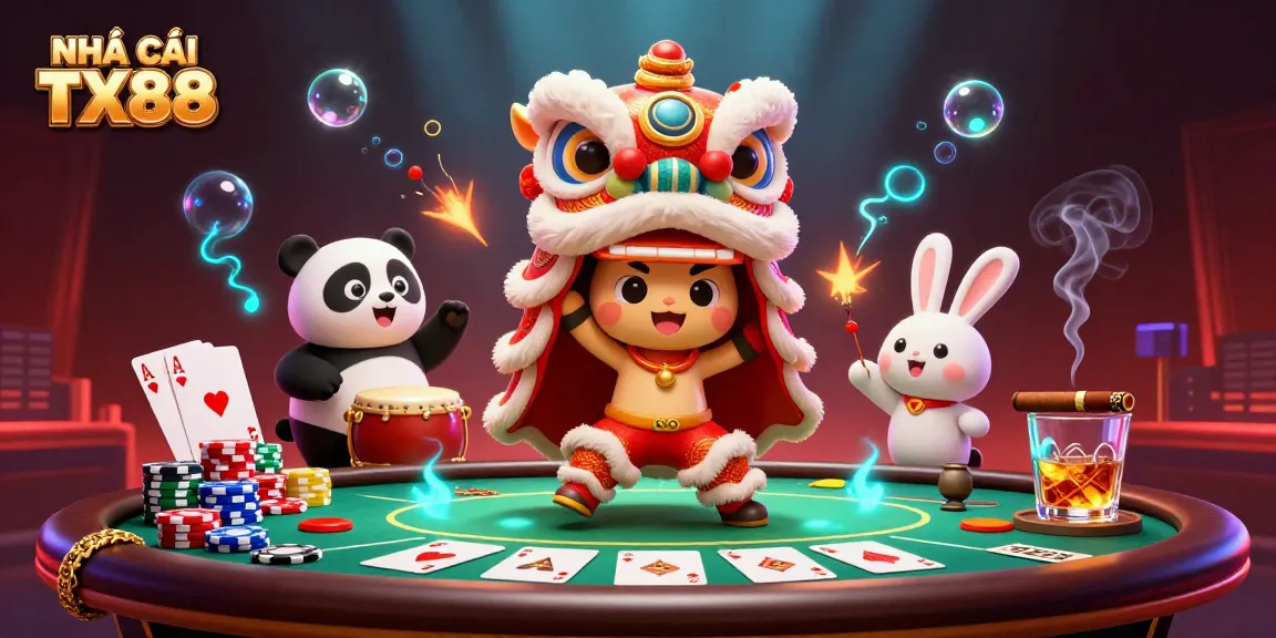Experience NHÀ CÁI TX88 with vibrant poker action featuring playful characters in a festive casino setting.