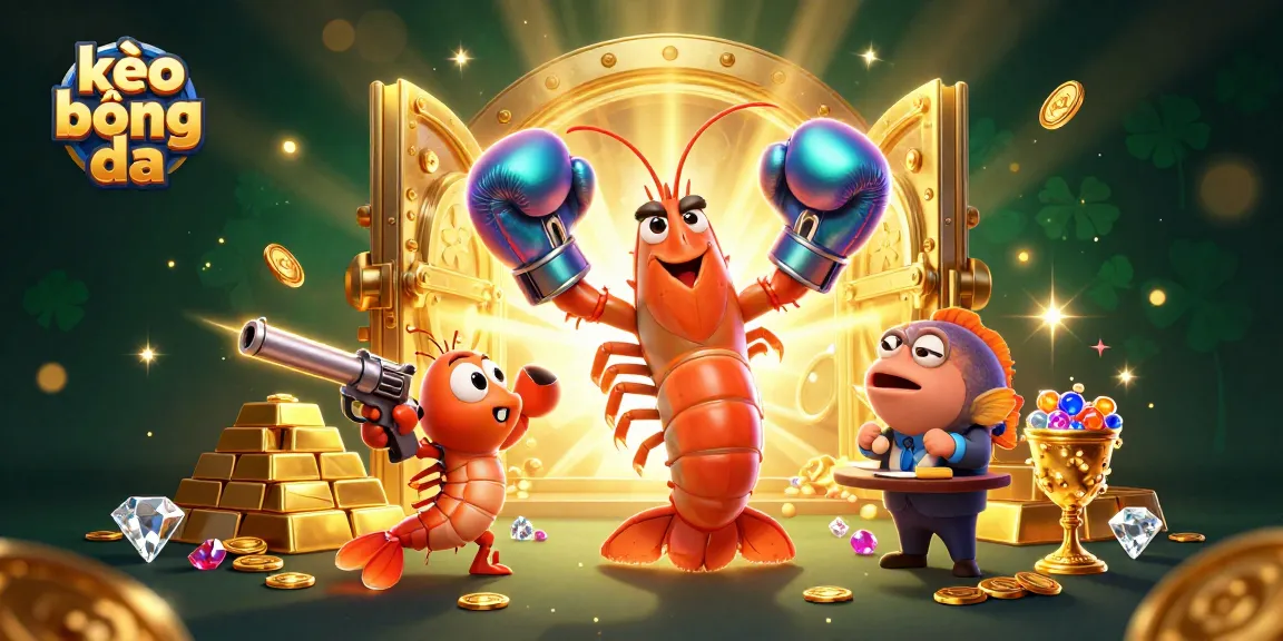 Engage in kèo bóng đá excitement with a vibrant 3D cartoon illustration of shrimp characters surrounded by treasure elements.
