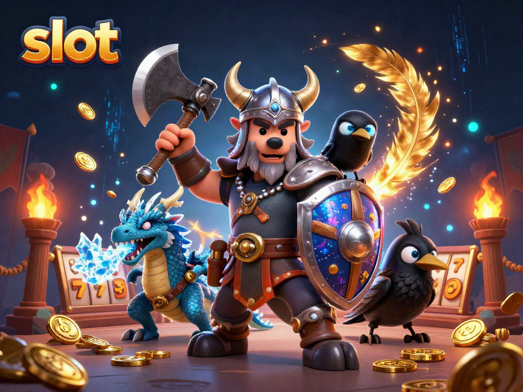 Spin the reels and enjoy the jackpot slot experience with Viking warrior and dragon.