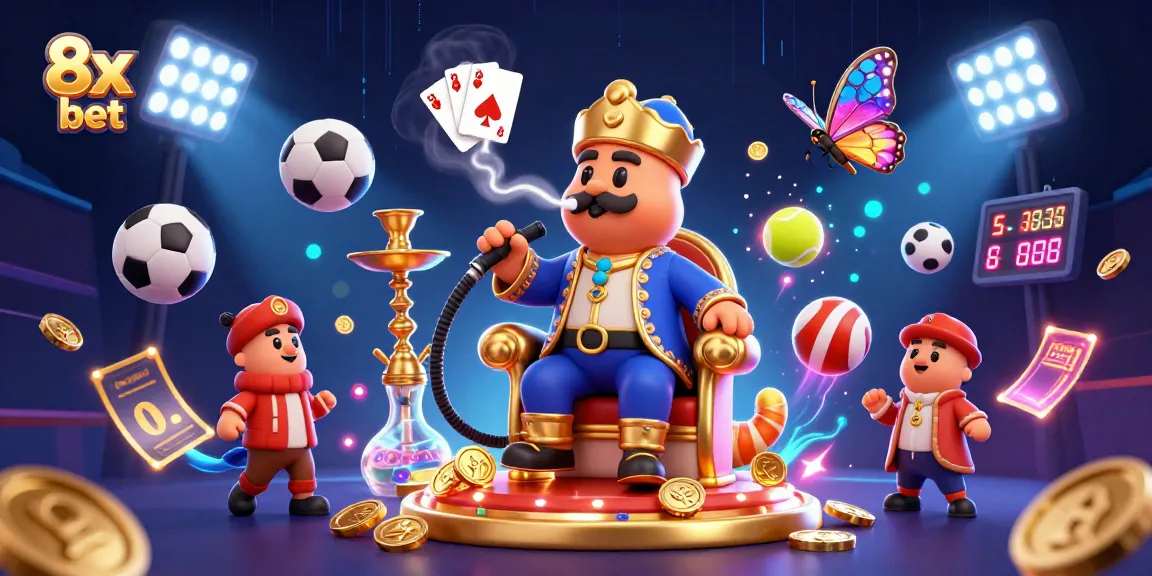 Engage with 8x bet through an energetic 3D illustration showcasing a caterpillar hookah-master in a dynamic sports betting scene.