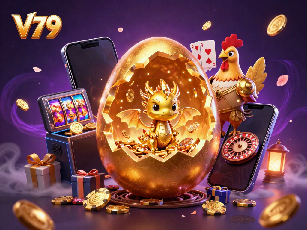 Experience thrilling gameplay at V79, where a golden dragon guards treasure amidst vibrant casino symbols.