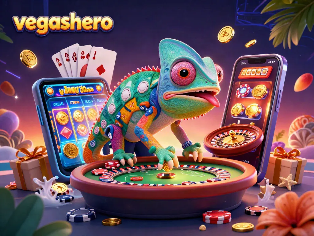Experience excitement at VegasHero Casino with a vibrant 3D chameleon owner and dynamic gaming elements.