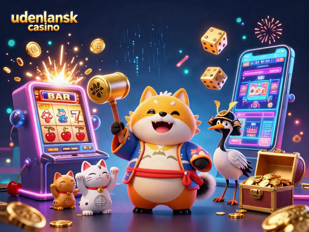 Play at an udenlandsk casino with cheerful mascots and exciting games in a vibrant setting.