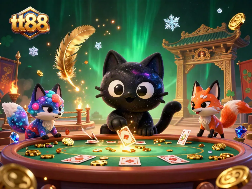 Engage with the thrilling tt88 cosmic casino battle featuring a black hole cat pulling in chips and cards.