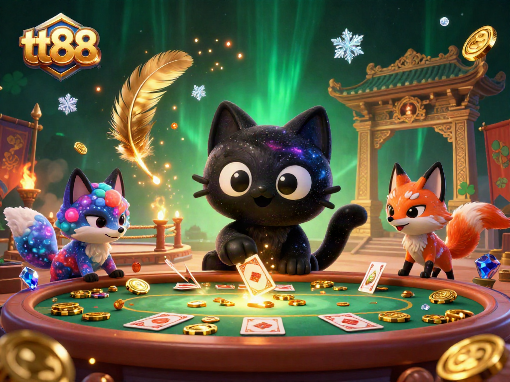 Engage with the thrilling tt88 cosmic casino battle featuring a black hole cat pulling in chips and cards.
