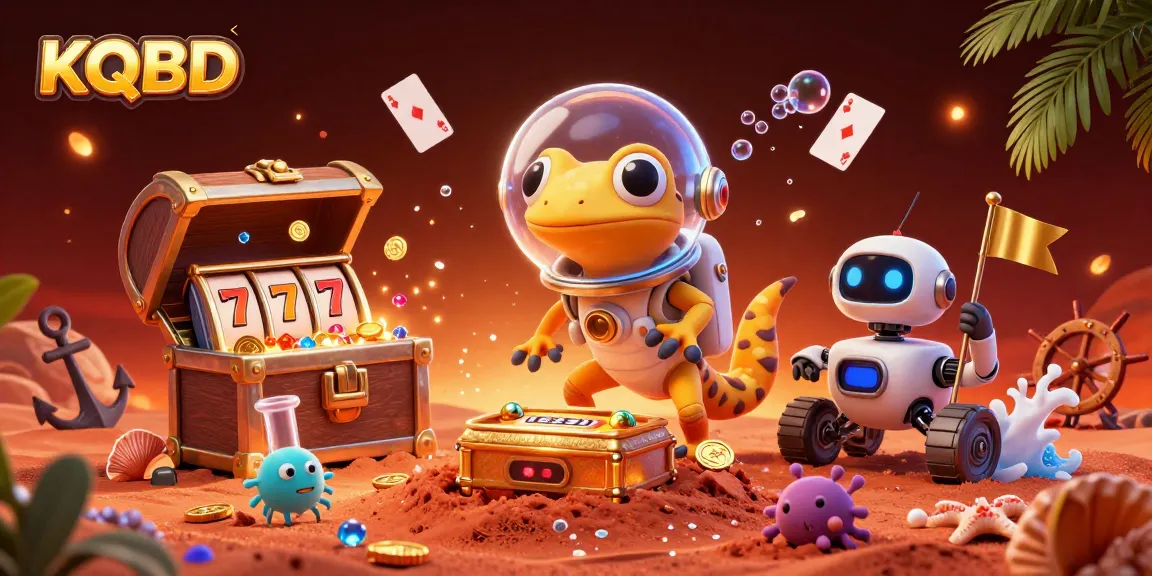 KQBD showcases a Martian gecko discovering a golden casino, surrounded by dynamic gaming elements.