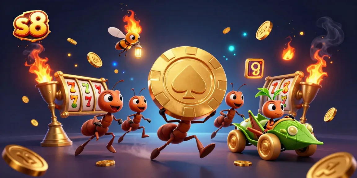 S8 logo prominently displayed as a 3D heist scene with ants, poker chip, and casino elements