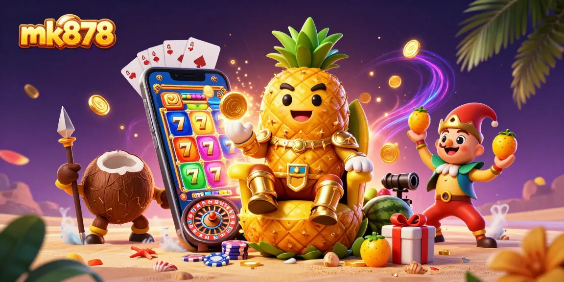 Engaging mk878 casino scene featuring the golden pineapple king, coconut guards, and vibrant slot game elements