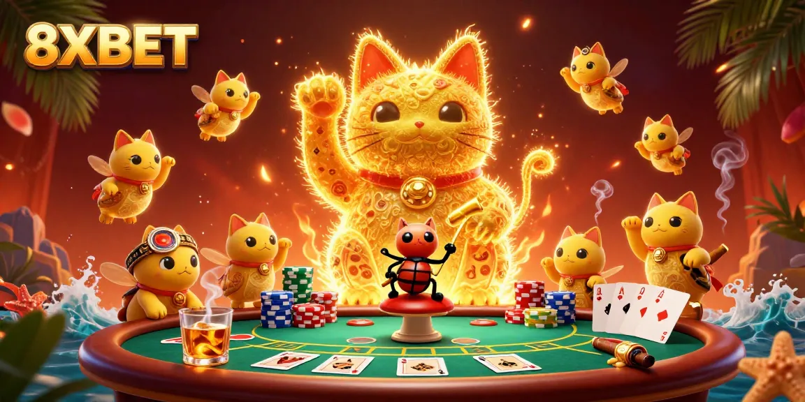 Engaging 8XBET scene with a giant lucky cat and vibrant casino symbols promoting an exciting gambling atmosphere.