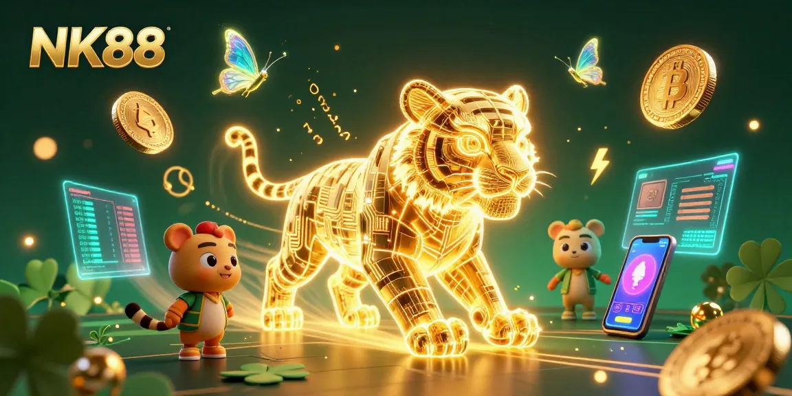 Engage in thrilling casino action at NK88 with neon tiger amidst cryptocurrency symbols in a vibrant landscape.