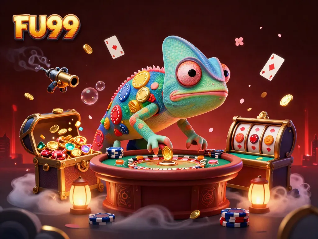 Experience the vibrant gaming world of FU99 with a playful chameleon casino owner surrounded by dynamic game elements.