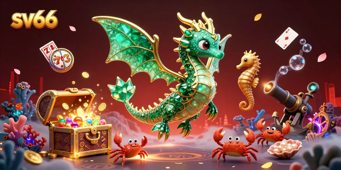 sv66 offers thrilling adventures with emerald sea dragons and treasure-filled games in this vibrant illustration.