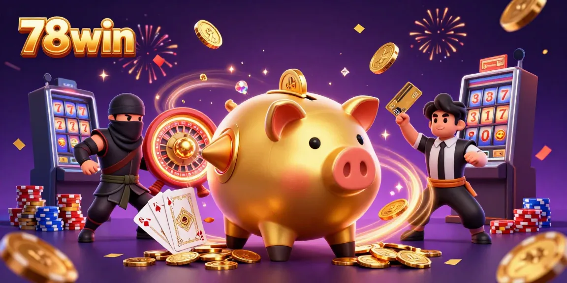 Engage with 78win as a lively golden piggy bank sumo wrestler unleashes coins in a dynamic gaming scene.