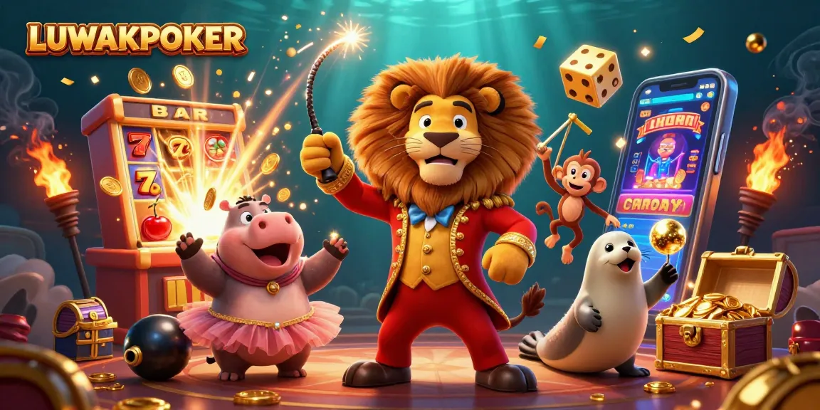 Experience the excitement of LUWAKPOKER with this colorful casino-themed illustration featuring vibrant characters and slot elements.
