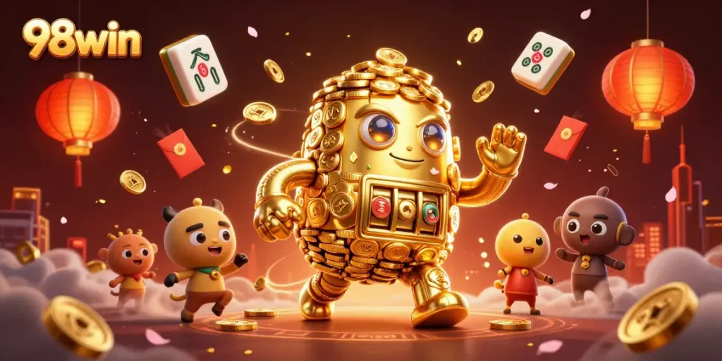 Win big at 98win with an exciting 3D casino experience featuring gold coins and vibrant symbols.