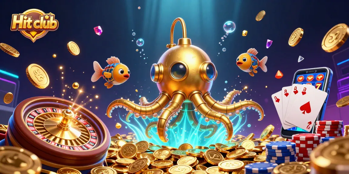 Hit club showcases an exciting 3D illustration of a kraken submarine in a jackpot paradise surrounded by golden coins.
