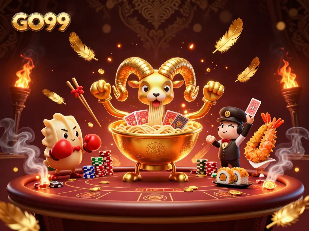 Engage with the GO99 online poker scene featuring a vibrant golden ramen bowl dealer and dynamic gambling elements.