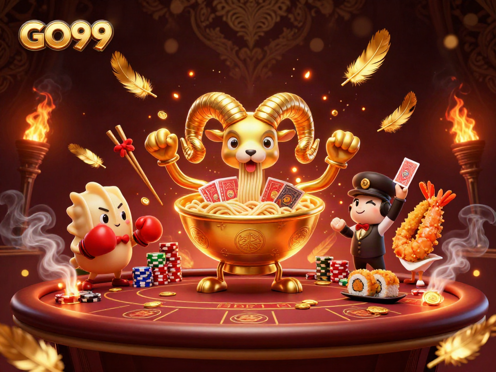 Engage with the GO99 online poker scene featuring a vibrant golden ramen bowl dealer and dynamic gambling elements.