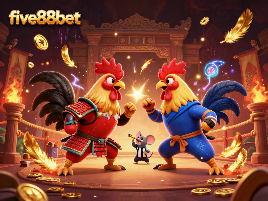 Intense standoff of fighting roosters in samurai and ninja gear at five88bet, amidst casino elements.