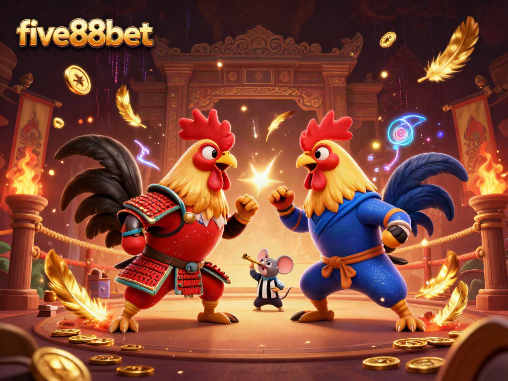 Intense standoff of fighting roosters in samurai and ninja gear at five88bet, amidst casino elements.