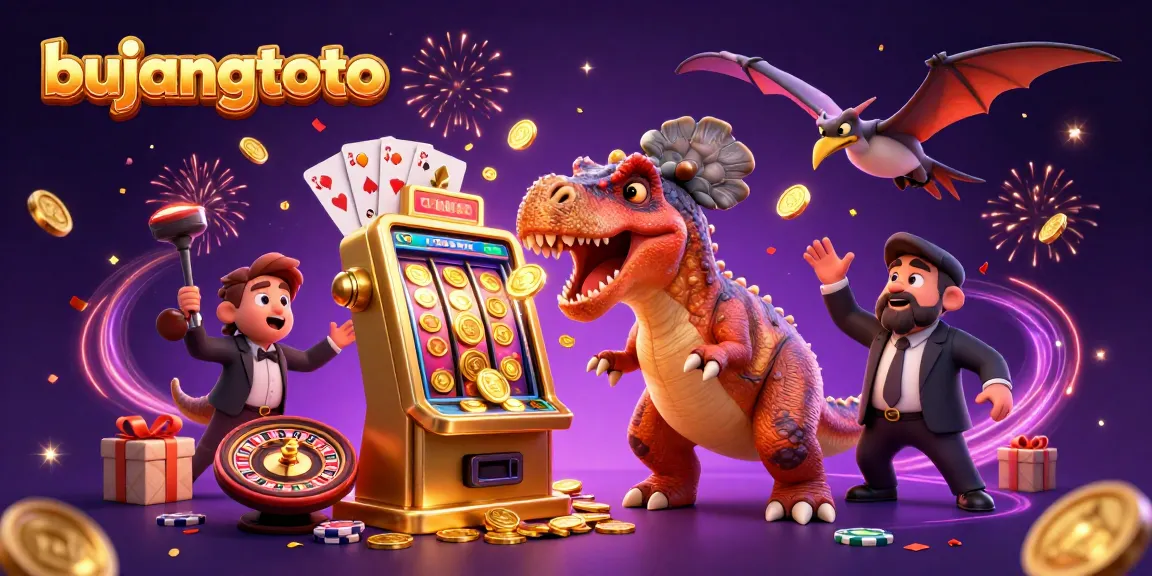 Bujangtoto showcases a pachycephalosaurus celebrating jackpot wins as a casino manager panics, highlighting vibrant casino chaos.