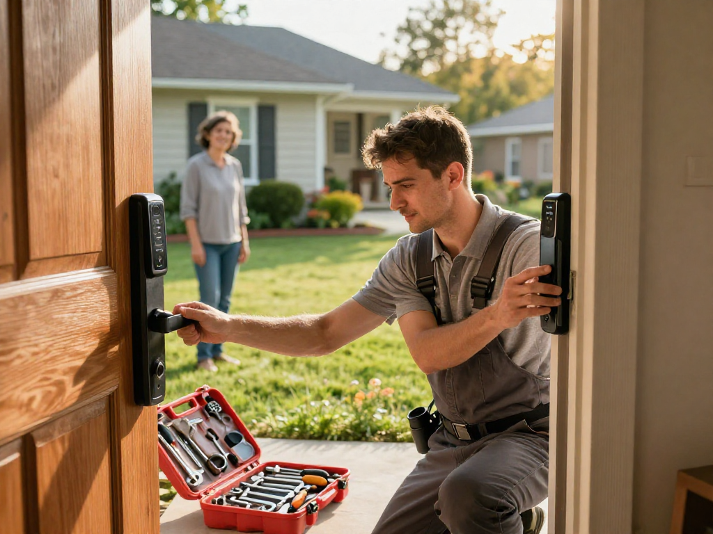 House locksmith Port St. Lucie installing smart lock on a front door, showcasing expertise in home security.