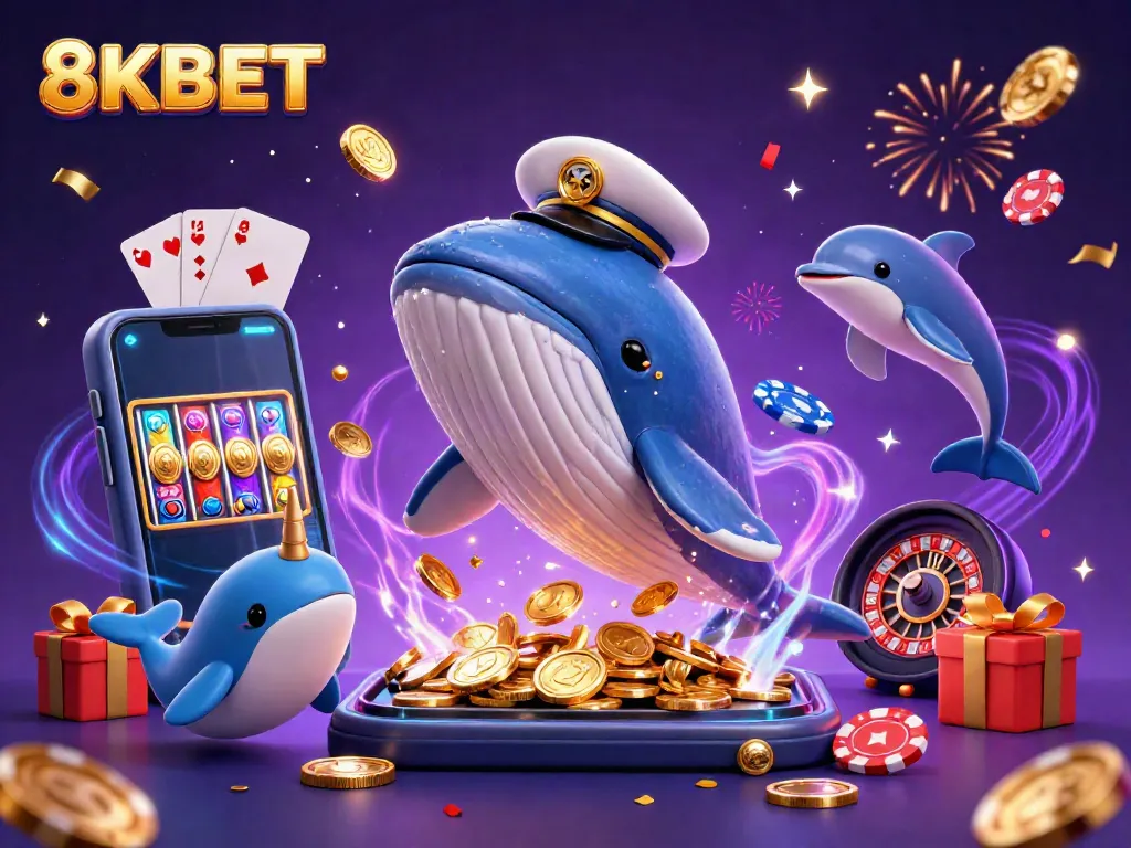 Experience 8KBET with exciting characters interacting amidst casino elements, illustrating dynamic online gambling fun.