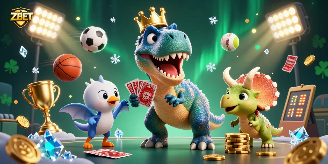 ZBET offers thrilling moments as a friendly T-Rex shuffles cards and playful characters stack chips in a vibrant casino