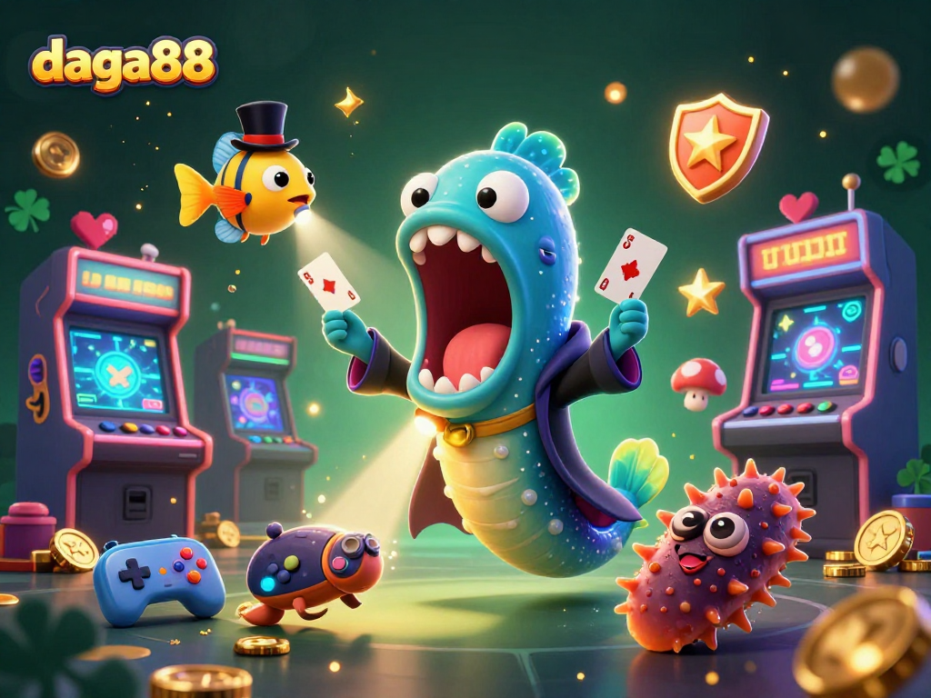 Engaging scene featuring daga88 with a magical deep-sea eel, anglerfish, and casino-themed arcade elements.