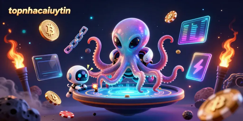 Topnhacaiuytin showcases a vibrant scene of a cartoon alien octopus engaging with poker in a cosmic setting.