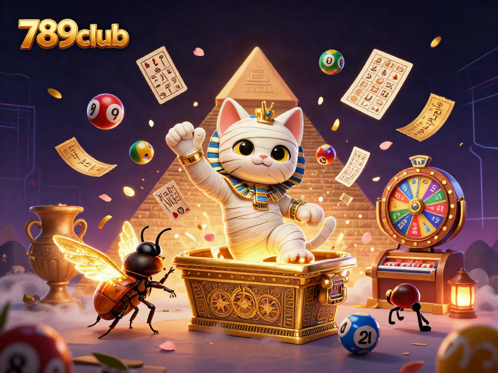 Engage with 789club in a vibrant 3D pyramid casino scene featuring a mummy cat and rich game elements.