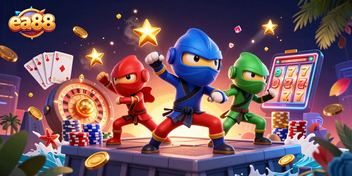 ea88 showcases a vibrant 3D illustration of chameleon ninjas in an energetic casino scene.